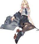  1girl aircraft_catapult blonde_hair breasts collared_shirt flight_deck full_body grey_eyes gun hornet_(kantai_collection) jacket kantai_collection konishi_(koconatu) long_hair machinery necktie official_art pantyhose rifle shirt skirt torn_clothes torn_legwear transparent_background weapon 