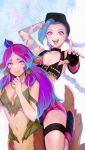  animal_ears bare_shoulders blue_hair braid centaur dryad fingerless_gloves gloves horseback_riding jinx_(league_of_legends) league_of_legends lillia_(league_of_legends) long_hair looking_at_viewer monster_girl multiple_girls navel open_mouth pointy_ears purple_hair riding shorts smile suku_(downy) tail tattoo twin_braids twintails very_long_hair 