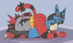  anthro armbar back_muscles belt blue_body blue_fur butt canid canine drakawa dreadlocks felid feline fur incineroar jiu-jitsu lucario male mammal mma nintendo orange_eyes pawpads pok&eacute;mon pok&eacute;mon_(species) red_body red_fur simple_background submissive tail_tuft teeth_showing tuft video_games wrestling 