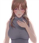  1girl bangs bare_shoulders blush breasts cum cum_in_hands cum_in_mouth edogawa_roman grey_shirt hair_between_eyes large_breasts long_hair looking_at_viewer open_mouth original purple_eyes ribbed_shirt shirt sidelocks sleeveless sleeveless_shirt tongue tongue_out turtleneck upper_body 