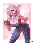  1girl ashido_mina bare_arms black_sclera bodysuit boku_no_hero_academia breasts buttons cleavage collarbone commentary english_commentary fur_trim hand_on_hip hand_up horns horny_graphite leaning_forward looking_at_viewer mask medium_breasts medium_hair open_clothes open_mouth open_vest orange_eyes patreon_logo patreon_username pink_hair pink_skin pixiv_id pulled_by_self skin_tight smile solo standing strapless unbuttoned upper_body vest vest_pull watermark 