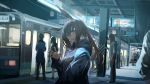  1girl amiya_(arknights) animal_ears arknights blue_eyes blue_jacket breasts brown_hair bunny_ears ground_vehicle hand_up highres jacket long_hair looking_at_viewer miyabino_(miyabi1616) open_mouth people smile station train train_station turtleneck 