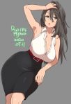  1girl :o agawa_ryou armpits artist_name bangs bare_arms bare_shoulders belt black_hair black_skirt breasts cleavage english_commentary eyebrows_visible_through_hair grey_background hair_between_eyes hand_on_own_head large_breasts long_hair office_lady original red_belt shirt skirt sleeveless sleeveless_shirt white_shirt 