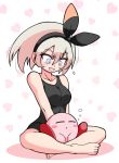  1girl bangs barefoot black_bodysuit black_hairband blush bodysuit breasts commentary_request crossed_legs crossover eyebrows_visible_through_hair eyelashes feet grey_hair gym_leader hair_between_eyes hairband heart heart_background highres kirby kirby_(series) kurachi_mizuki looking_down medium_hair open_mouth pokemon pokemon_(game) pokemon_swsh saitou_(pokemon) silver_eyes sleeping toes 