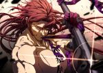  1boy bara blood bloody_clothes chest fighting_stance japanese_clothes long_hair looking_at_viewer male_focus moya_moyashi2 muscle polearm ponytail purple_hair red_hair sideburns simple_background solo tonbokiri tonbokiri_(touken_ranbu) toned toned_male touken_ranbu weapon yellow_eyes 