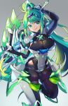  1girl bangs breasts chest_jewel covered_navel earrings eyebrows_visible_through_hair feet_out_of_frame gloves green_eyes green_hair grey_background hair_ornament highres jewelry large_breasts long_hair long_ponytail pneuma_(xenoblade_2) ponytail solo swept_bangs sword tiara very_long_hair watermark weapon xenoblade_(series) xenoblade_2 yagi_(kyuhyun) 
