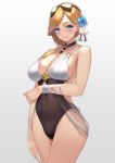  1girl absurdres azur_lane bangs bare_shoulders bikini blonde_hair blue_eyes blush breasts casual_one-piece_swimsuit cleavage closed_mouth collarbone commentary_request covered_navel eyebrows_visible_through_hair eyewear_on_head flower hair_flower hair_ornament hair_over_shoulder highres hood_(azur_lane) hood_(sunlit_lady)_(azur_lane) jewelry large_breasts long_hair looking_at_viewer low_ponytail multicolored multicolored_bikini multicolored_clothes multicolored_swimsuit necklace o-ring o-ring_top one-piece_swimsuit smile solo standing sunglasses swept_bangs swimsuit thighs yamanokami_eaka 