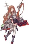  1girl acea4 black_skirt brown_hair full_body green_eyes gun helena_(kantai_collection) kantai_collection long_hair machinery military military_uniform official_art ribbon rifle skirt torn_clothes transparent_background turret uniform weapon 