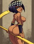  1girl arched_back ass ass_support bare_shoulders breasts circlet coffeelot commentary dark_skin eliza_(skullgirls) large_breasts lips looking_at_viewer looking_to_the_side nail_polish nipples nude red_nails signature skullgirls smile smirk solo staff thick_thighs thighs 