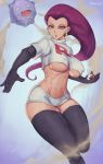  1girl black_legwear breasts covered_nipples curvy elbow_gloves gen_1_pokemon gloves green_earrings hair_slicked_back highres koffing miniskirt musashi_(pokemon) navel poke_ball pokemon pokemon_(anime) pokemon_(classic_anime) purple_eyes shexyo shirt skirt stomach team_rocket team_rocket_uniform thick_thighs thighhighs thighs toned underboob white_shirt white_skirt 