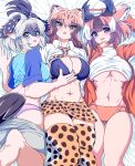  3girls abs animal_ears animal_print arms_behind_head arms_up ass back bangs bike_shorts bird_tail black_bra black_hair black_panties bra breasts brown_eyes brown_hair buruma cheetah_(kemono_friends) cheetah_ears cheetah_print cleavage clothes_lift collared_shirt extra_ears eyebrows_visible_through_hair flat_ass from_above furrowed_eyebrows greater_roadrunner_(kemono_friends) grey_hair hair_between_eyes hair_tubes hand_on_another&#039;s_chest highres horizontal_pupils horns jacket kemono_friends large_breasts light_brown_hair long_hair long_sleeves looking_at_viewer lying medium_hair multicolored_hair multiple_girls navel necktie no_bra on_back on_side open_clothes open_mouth open_shirt orange_hair panties pink_panties print_legwear print_skirt pronghorn_(kemono_friends) quatre_aaaa shirt short_sleeves shorts shorts_pull side-by-side skirt smile sportswear stomach sweater sweater_lift tail thigh_gap toned track_jacket underboob underwear white_hair wing_collar yellow_eyes 