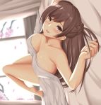  1girl :d arciealbano bangs bare_shoulders bed_sheet blush braid breasts brown_eyes brown_hair cherry_blossoms cleavage eyebrows_visible_through_hair falling_petals french_braid highres large_breasts legs_up long_hair lying on_back open_mouth original smile sweat window 