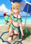  1girl beach beach_umbrella blonde_hair blue_sky brown_gloves closed_mouth cloud cup day drinking_straw fingerless_gloves fire_emblem fire_emblem:_three_houses fire_emblem_heroes flower food fruit glass gloves green_eyes hair_flower hair_ornament highres holding holding_cup ingrid_brandl_galatea long_hair outdoors polearm sky solo swimsuit tyotto_ko_i umbrella water watermelon weapon 