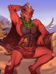  3:4 5_fingers anthro athletic athletic_anthro athletic_male bottomwear brown_body brown_scales cape clothed clothing divinity:_original_sin_2 fingers hand_behind_head hi_res lizard_(divinity) male patreon patto red_body red_bottomwear red_clothing red_scales scales scalie shadow sharp_teeth sky solo spikes teeth text the_red_prince topless url weapon yellow_eyes 