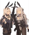  2girls ak-12_(girls_frontline) ammunition_pouch an-94_(girls_frontline) animal_ears assault_rifle bangs black_gloves black_legwear blonde_hair blue_eyes braid breasts bunny_ears cleavage closed_eyes closed_mouth collared_shirt french_braid girls_frontline gloves grin gun headband highres holding holding_gun holding_weapon large_breasts leotard long_hair low_tied_hair maiqtells multiple_girls pantyhose pouch rifle shirt sidelocks smile strap tactical_clothes weapon 
