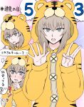  1girl 3 5 akumano_riddle animal_costume animal_print blue_eyes blush commentary frown girls_und_panzer hashtag highres itsumi_erika long_sleeves looking_at_viewer number onesie silver_hair sweatdrop tiger_costume tiger_print translated yuri 