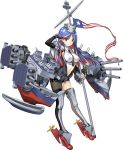  1girl american_flag black_gloves blue_hair breasts gloves jacket kantai_collection long_hair machinery medium_breasts multicolored_hair navel necktie official_art red_hair rudder_footwear shorts single_thighhigh south_dakota_(kantai_collection) staff thighhighs transparent_background turret weapon white_hair zeco 