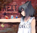  1girl animal_ears bangs black_hair brick_wall cat_ears eyebrows_visible_through_hair highres looking_at_viewer luigi mario mario_(series) masao original profile short_hair sleeveless upper_body 