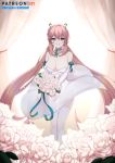  1girl bangs bouquet breasts choker dress elbow_gloves ett01024 eyebrows_visible_through_hair flower garter_straps gloves highres large_breasts last_origin long_hair looking_at_viewer pink_eyes pink_hair smile solo t-14_miho thigh_gap thighhighs very_long_hair wedding_dress white_dress white_gloves 