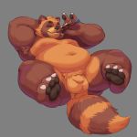  1:1 2020 anthro balls belly brown_body brown_fur canid canine eyes_closed flaccid fur genitals hi_res humanoid_hands league_of_legends lying male mammal monochromepup moobs navel nipples overweight overweight_male penis raccoon_dog riot_games simple_background solo tanuki teemo_(lol) video_games 