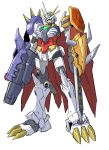  absurdres arm_blade arm_cannon blue_eyes clenched_hands core_gundam crossover digimon fusion glowing glowing_eyes gundam gundam_build_divers gundam_build_divers_re:rise highres mecha no_humans omegamon solo standing sukekiyo56 weapon white_background 