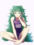  1girl absurdres barefoot closed_mouth fire_emblem fire_emblem:_three_houses green_eyes green_hair gzo1206 highres long_hair one-piece_swimsuit pointy_ears simple_background sitting solo sothis_(fire_emblem) swimsuit white_background 