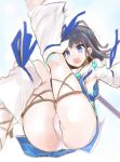  1girl ass bangs bare_shoulders black_hair blue_background blue_eyes blue_ribbon blush breasts detached_leggings dress fate/grand_order fate/requiem fate_(series) flying_kick fundoshi gradient gradient_background highres japanese_clothes jewelry kicking long_sleeves looking_at_viewer magatama medium_breasts medium_hair multicolored_hair necklace open_mouth pelvic_curtain pink_hair polearm puffy_long_sleeves puffy_sleeves ribbon sen_(astronomy) short_dress sideboob sideless_outfit spear streaked_hair thighs utsumi_erise weapon white_dress white_legwear 