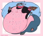 2020 ambiguous_gender anthro apron big_tail black_body black_fur blue_body blue_fur bottomwear breasts chub-united clothed clothing cookie ear_piercing english_text food fully_clothed fur gesture happy head_tuft holding_object jeans lucario morbidly_obese morbidly_obese_anthro motion_lines musical_note neck_tuft nintendo nonbinary_(lore) novelty_clothing obese obese_anthro oven_mitts overweight overweight_anthro pants piercing pink_background pok&eacute;mon pok&eacute;mon_(species) red_eyes shirt simple_background smile solo text tight_clothing topwear tuft video_games walking waving 