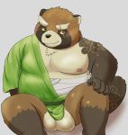  2020 5groo5 anthro balls belly brown_body brown_fur canid canine clothing fur genitals gyobu hi_res kemono male mammal moobs nipples overweight overweight_male raccoon_dog robe scar simple_background sitting solo tanuki tokyo_afterschool_summoners video_games 