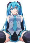  1girl :o arm_support bangs bare_shoulders black_hair black_legwear black_sleeves blue_eyes blue_hair breasts commentary_request detached_sleeves hair_between_eyes hatsune_miku highres long_hair looking_at_viewer looking_down necktie open_mouth pov simple_background sitting skirt sleeveless solo thighhighs twintails very_long_hair vocaloid white_background yufu_toyomimasu 