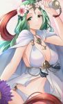  1girl bangs bikini blush breasts circlet cleavage closed_mouth fire_emblem fire_emblem:_three_houses fire_emblem_heroes flower forehead green_eyes green_hair hair_flower hair_ornament highres jewelry large_breasts long_hair looking_at_viewer navel necklace parted_bangs rhea_(fire_emblem) satoimo_chika smile swimsuit tassel white_bikini 