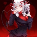  1girl absurdres black_horns black_skirt black_suit blush breasts commentary_request demon_girl demon_horns demon_tail eyebrows_visible_through_hair formal heart heart-shaped_pupils helltaker highres horns invidiata large_breasts long_hair long_sleeves looking_at_viewer modeus_(helltaker) red_background red_eyes red_sweater ribbed_sweater skirt sleeves_past_wrists solo suit sweater symbol-shaped_pupils tail turtleneck white_hair 