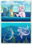  2020 clothing feathered_wings feathers female fish friendship_is_magic gallus_(mlp) hand_holding hi_res inuhoshi-to-darkpen male marine my_little_pony one_eye_closed seahorse silverstream_(mlp) surprise syngnathid syngnathiform underwear water wings wink 