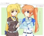  2girls angry blonde_hair blue_eyes blush collared_shirt computer couple fate_testarossa height_conscious height_difference jealous kerorokjy long_hair looking_at_another lyrical_nanoha mahou_shoujo_lyrical_nanoha mahou_shoujo_lyrical_nanoha_strikers military military_uniform multiple_girls orange_hair pout red_eyes shirt side_ponytail simple_background smile takamachi_nanoha translation_request tsab_air_military_uniform tsab_ground_military_uniform uniform very_long_hair yuri 