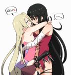  2girls absurdres bandaged_arm bandages bare_shoulders belt black_belt black_hair blonde_hair blush breasts eye_contact eyebrows_visible_through_hair green_eyes hair_between_eyes heart highres hug long_hair looking_at_another magilou_(tales) medium_breasts miiii multiple_girls pointy_ears simple_background small_breasts speech_bubble sweatdrop tales_of_(series) tales_of_berseria translation_request velvet_crowe very_long_hair white_background yellow_eyes yuri 