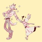  &lt;3 1:1 2020 anthro beastars canid canine canis clothing dancing dress duo eyes_closed female footwear haru_(beastars) hi_res lagomorph legoshi_(beastars) leporid male male/female mammal open_mouth open_smile paiirupie rabbit shoes simple_background smile standing wolf yellow_background 