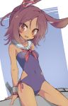  10011018 1girl animal_ears azur_lane blue_swimsuit blush breasts brown_eyes brown_hair bunny_ears covered_navel dark_skin ear_ribbon highres i-26_(azur_lane) nontraditional_school_swimsuit one-piece_swimsuit open_mouth red_neckwear sailor_collar school_swimsuit short_hair side-tie_swimsuit simple_background small_breasts solo strapless strapless_swimsuit swimsuit two-tone_background white_sailor_collar 