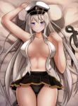  azur_lane bare_shoulders black_neckwear black_panties breasts cowboy_shot enterprise_(azur_lane) grey_hair hand_behind_head hat large_breasts long_hair lying military_hat navel no_bra on_back on_bed open_clothes open_shirt panties pleated_skirt purple_eyes shirt skirt sleeveless sleeveless_shirt smile tosaka_(tosaka0001) underwear white_headwear 