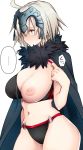  ... 10mo 1girl ahoge bikini bikini_pull black_bikini blush breasts coat fate/grand_order fate_(series) fur-trimmed_coat fur_trim headpiece highres jeanne_d&#039;arc_(alter)_(fate) jeanne_d&#039;arc_(alter_swimsuit_berserker) jeanne_d&#039;arc_(fate)_(all) large_breasts navel nipples o-ring o-ring_bikini o-ring_bottom one_breast_out shiny shiny_skin short_hair skindentation solo speech_bubble swimsuit white_background yellow_eyes 