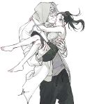  1boy 1girl and_rira barefoot black_hair carrying contemporary couple earrings eye_kiss hetero hinatsuru_(kimetsu_no_yaiba) hood hoodie husband_and_wife jacket jewelry kimetsu_no_yaiba kiss long_hair mole mole_under_eye one_eye_closed ponytail princess_carry uzui_tengen 