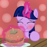  2020 badumsquish blush burger eating english_text equid equine eyelashes eyes_closed female food friendship_is_magic fruit furniture glowing hair hasbro hi_res horn levitation magic mammal my_little_pony pickle plant plate purple_body purple_hair simple_background solo table text tomato twilight_sparkle_(mlp) unicorn 