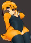  2019 absurd_res anthro areola areola_slip belly berseepon09 blush breasts canid canine canis clothing dog_girl(berseepon09) domestic_dog female hi_res legwear leotard looking_at_viewer low-angle_view mammal short_stack simple_background slightly_chubby small_breasts solo thick_thighs tight_clothing wide_hips 