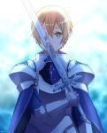  2boys armor backlighting bangs blonde_hair blue_cape blue_eyes blue_rose_sword blurry blurry_background cape enokimo_me eugeo gauntlets hair_between_eyes highres holding holding_sword holding_weapon kirito looking_at_viewer multiple_boys shiny shiny_hair shoulder_armor solo_focus spaulders standing sword sword_art_online weapon 