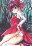  ass bow brown_eyes dress forest gegege_no_kitarou graphite_(medium) hair_bow highres lifted_by_self looking_at_viewer marker_(medium) mechanical_pencil nature nekomusume nekomusume_(gegege_no_kitarou_6) outdoors panties pencil purple_hair red_bow red_dress red_footwear shirt short_hair tomoeri traditional_media underwear white_panties white_shirt 