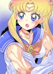  1girl :o bangs bare_arms bare_shoulders biceps bishoujo_senshi_sailor_moon blonde_hair blue_eyes blue_sailor_collar bow bowtie choker circlet crescent crescent_earrings diadem earrings endou-san eyebrows_visible_through_hair flexing furrowed_eyebrows hair_over_shoulder heart heart_choker jewelry long_hair looking_to_the_side meme muscle muscular_female open_mouth parted_bangs penis_shadow pose red_choker sailor_collar sailor_moon sailor_moon_redraw_challenge sailor_senshi_uniform shirt sleeveless sleeveless_shirt solo twintails upper_body 