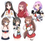  6+girls ahoge bangs bikini black_hair blush bow braid breasts brown_hair cropped_torso detached_sleeves eyebrows_visible_through_hair failure_penguin hair_bow hair_ornament hair_ribbon hairclip headgear highres hip_vent hiyou_(kantai_collection) holding japanese_clothes kamikaze_(kantai_collection) kantai_collection long_hair magatama multiple_girls open_mouth pink_hair purple_hair red_skirt remodel_(kantai_collection) ribbon sailor_bikini sailor_collar sakikumo_(sakumo) shigure_(kantai_collection) short_hair sidelocks simple_background single_braid skirt smile swimsuit tama_(kantai_collection) white_background yamashiro_(kantai_collection) yamato_(kantai_collection) 