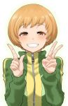  1girl blush brown_eyes clenched_teeth commentary_request green_jacket hands highres index_finger_raised jacket kurosususu long_sleeves looking_at_viewer orange_hair persona persona_4 satonaka_chie smile solo teeth upper_body v zipper 