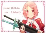  1girl bangs blush character_name closed_mouth dark_repulser elucidator enokimo_me freckles hair_ornament hairclip happy_birthday highres holding holding_sheath lisbeth long_sleeves looking_at_viewer neck_ribbon parted_bangs pink_hair red_eyes red_ribbon ribbon sheath sheathed shiny shiny_hair short_hair smile solo striped striped_ribbon sword sword_art_online upper_body weapon white_background 