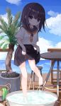  1girl :o bangs barefoot black_hair black_sailor_collar black_skirt blush brown_neckwear commentary_request day eyebrows_visible_through_hair hair_between_eyes horizon looking_at_viewer ocean original outdoors palm_tree parted_lips plant pleated_skirt potted_plant purple_eyes railing sailor_collar school_uniform serafuku shirt short_sleeves skirt skirt_hold solo standing standing_on_one_leg stool table tree water white_shirt yuuhagi_(amaretto-no-natsu) 