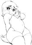  2019 absurd_res anthro berseepon09 bodily_fluids breasts canid canine canis clothing dog_girl(berseepon09) domestic_dog female hi_res legwear line_art looking_at_viewer mammal monochrome small_breasts solo sweat thick_thighs thigh_highs 